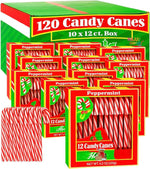 Individually wrapped peppermint candy canes arranged neatly inside their retail boxes