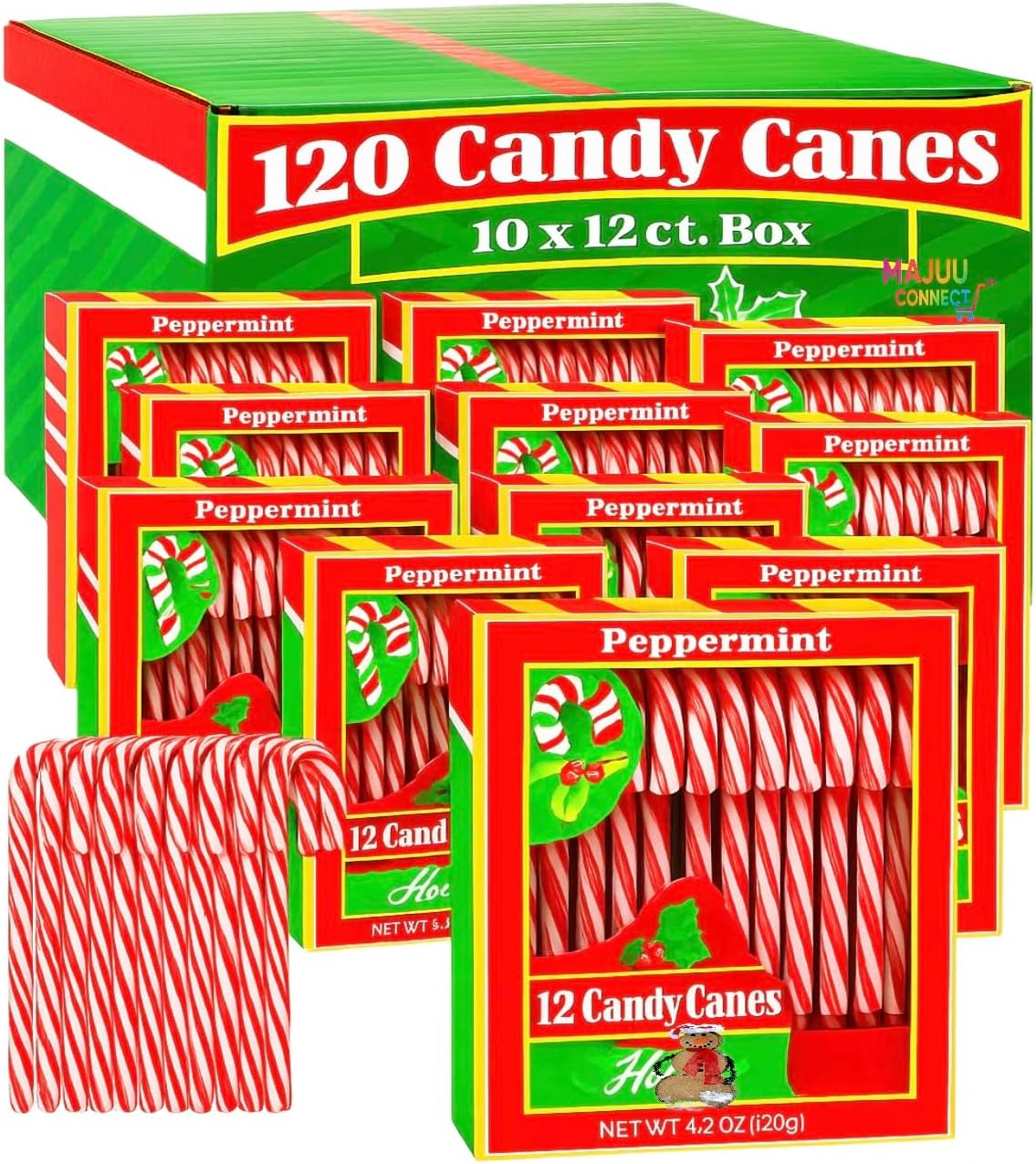 Individually wrapped peppermint candy canes arranged neatly inside their retail boxes