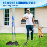 Non stick stainless steel pet shovel scooping waste from concrete and gravel paths.