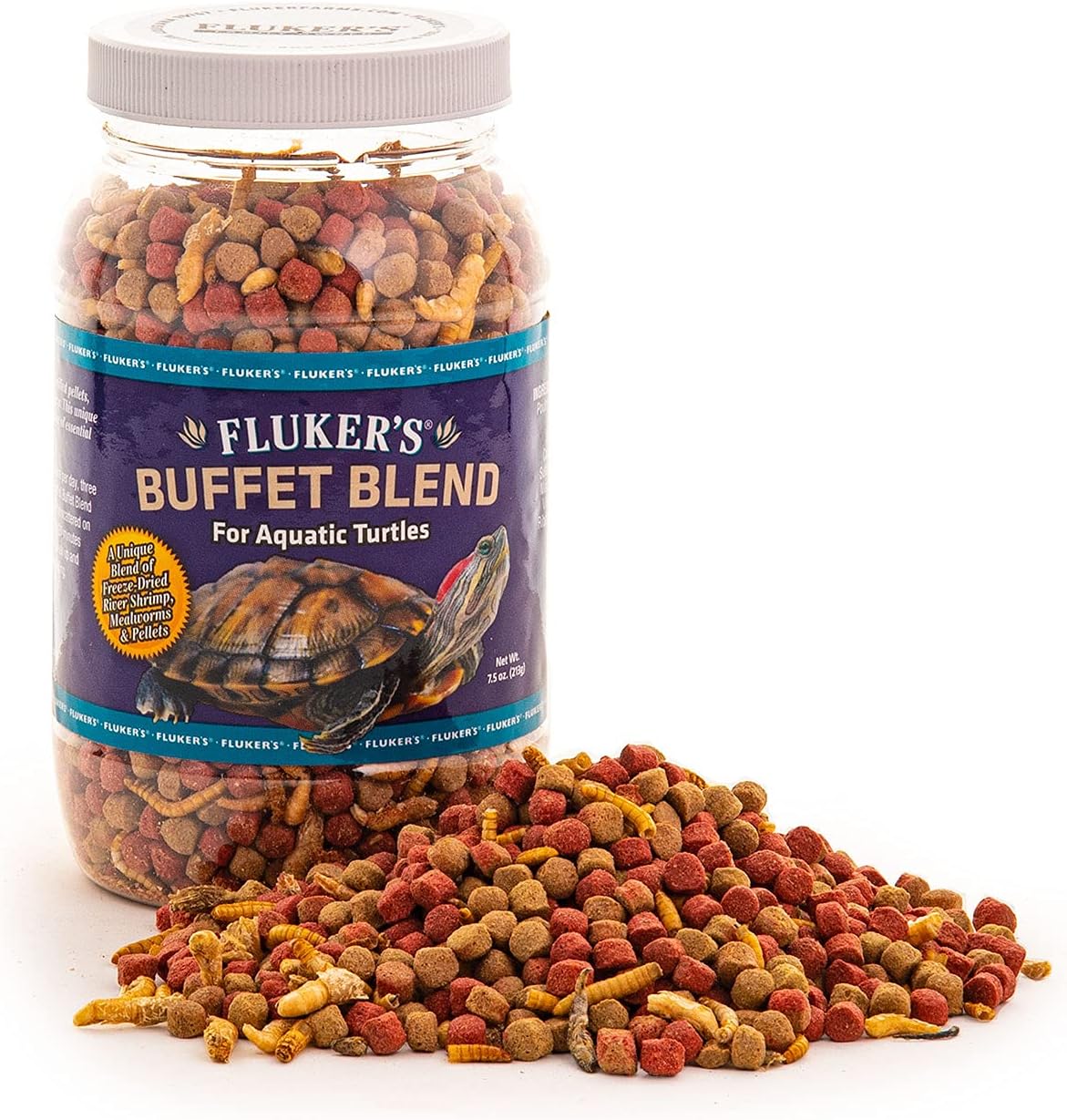 Fluker's turtle food pellets and freeze-dried insects floating on water surface for aquatic reptiles.