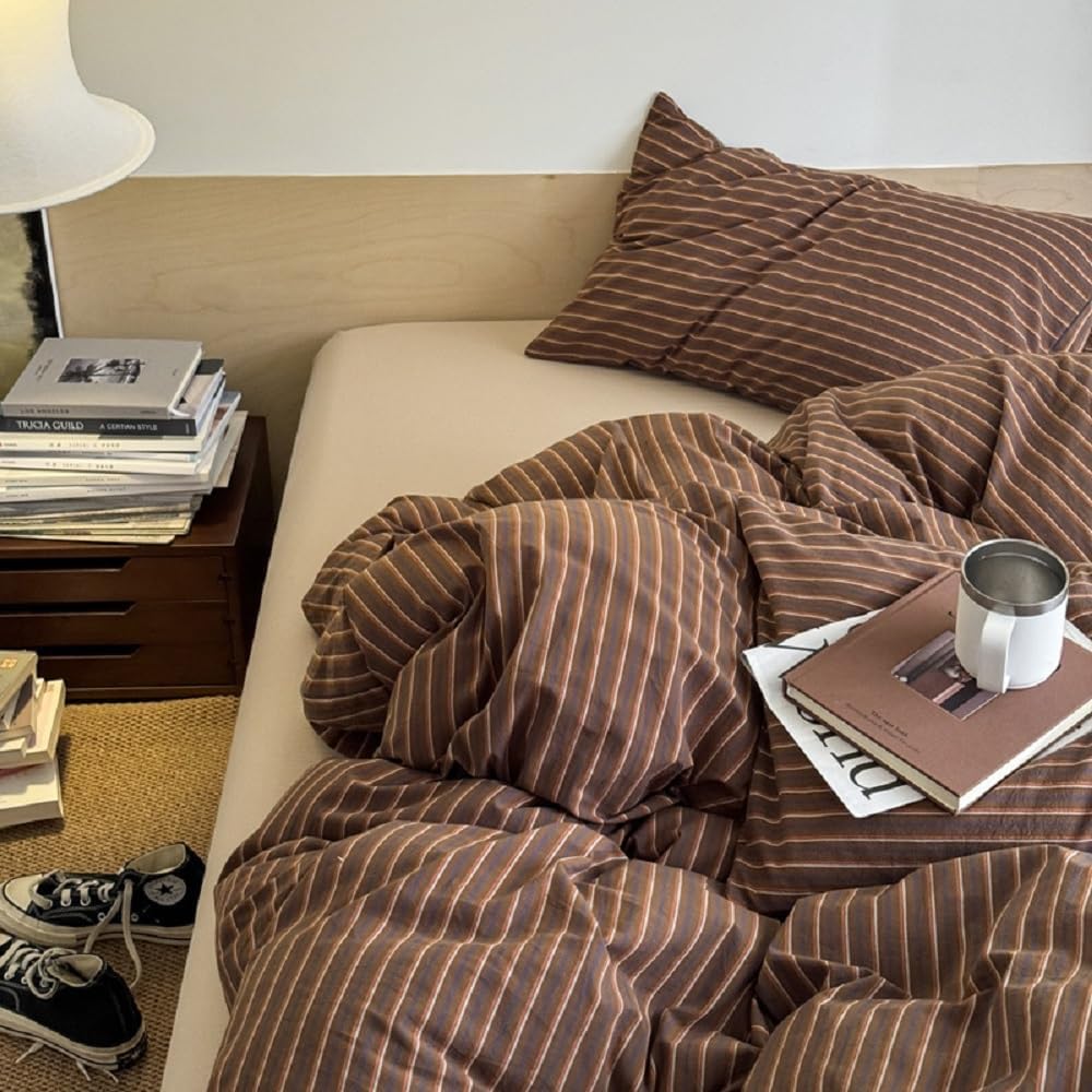 Erwinmu brown striped duvet cover set queen size bedroom front view