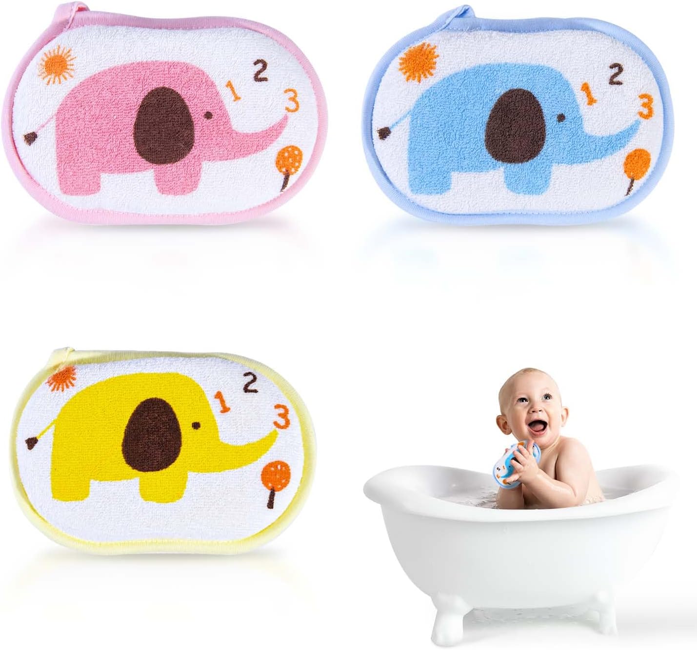 Obtanim baby bath sponge front view showing set of 3 scrubbers