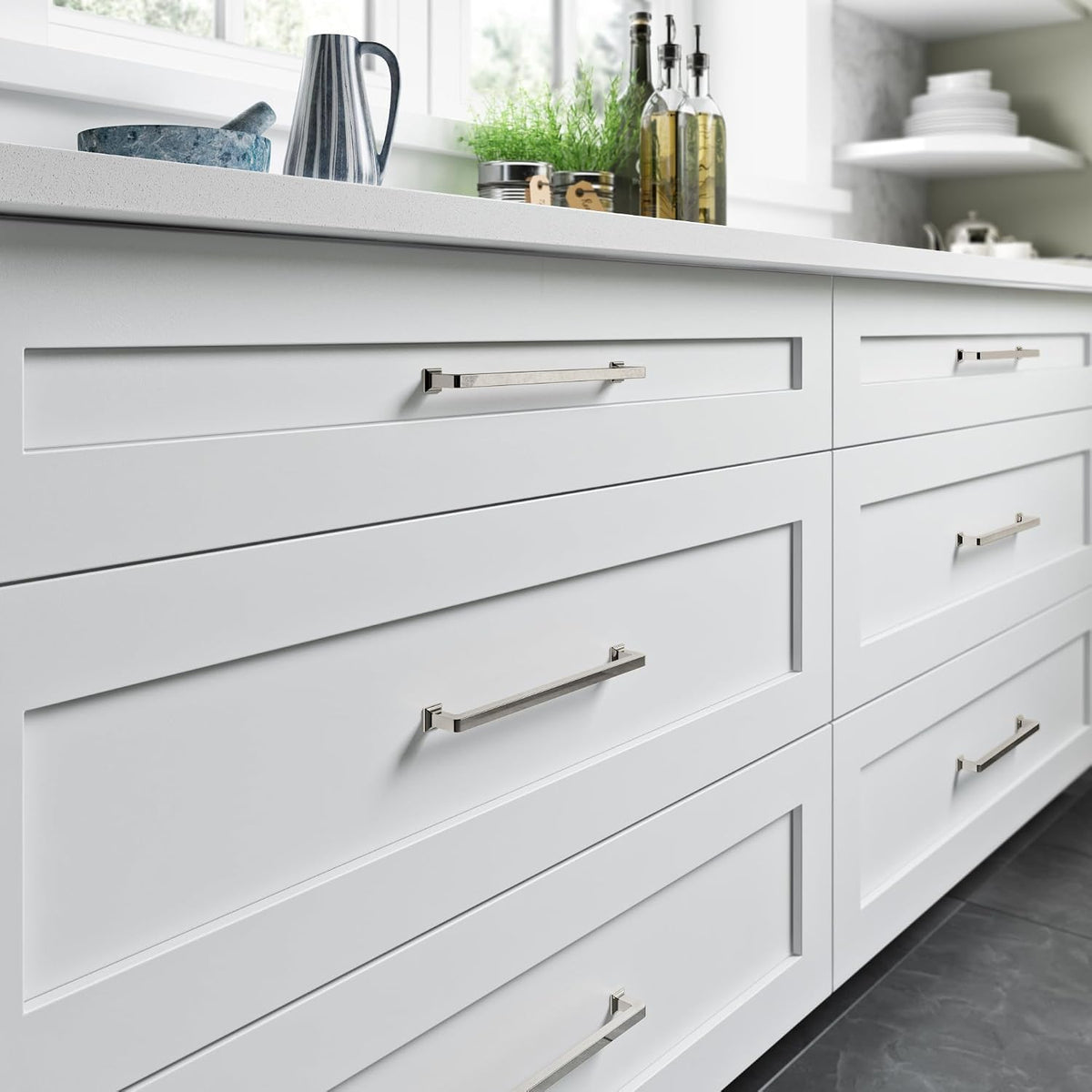 Top Knobs Ascendra polished nickel hardware close up finish detail