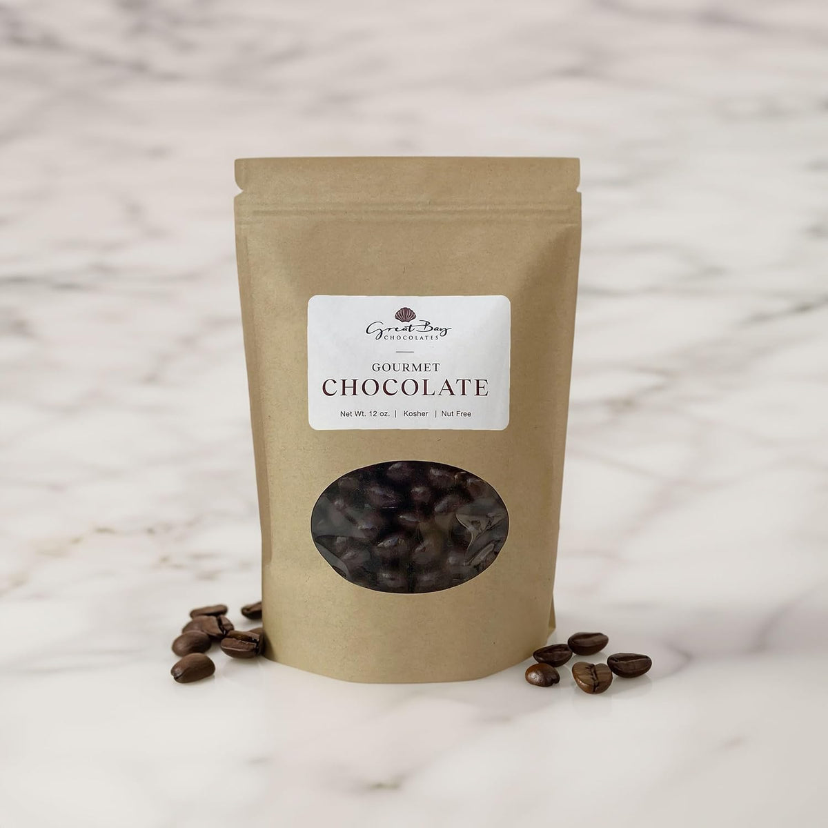 Nut free label on Great Bay Chocolates espresso bean bag