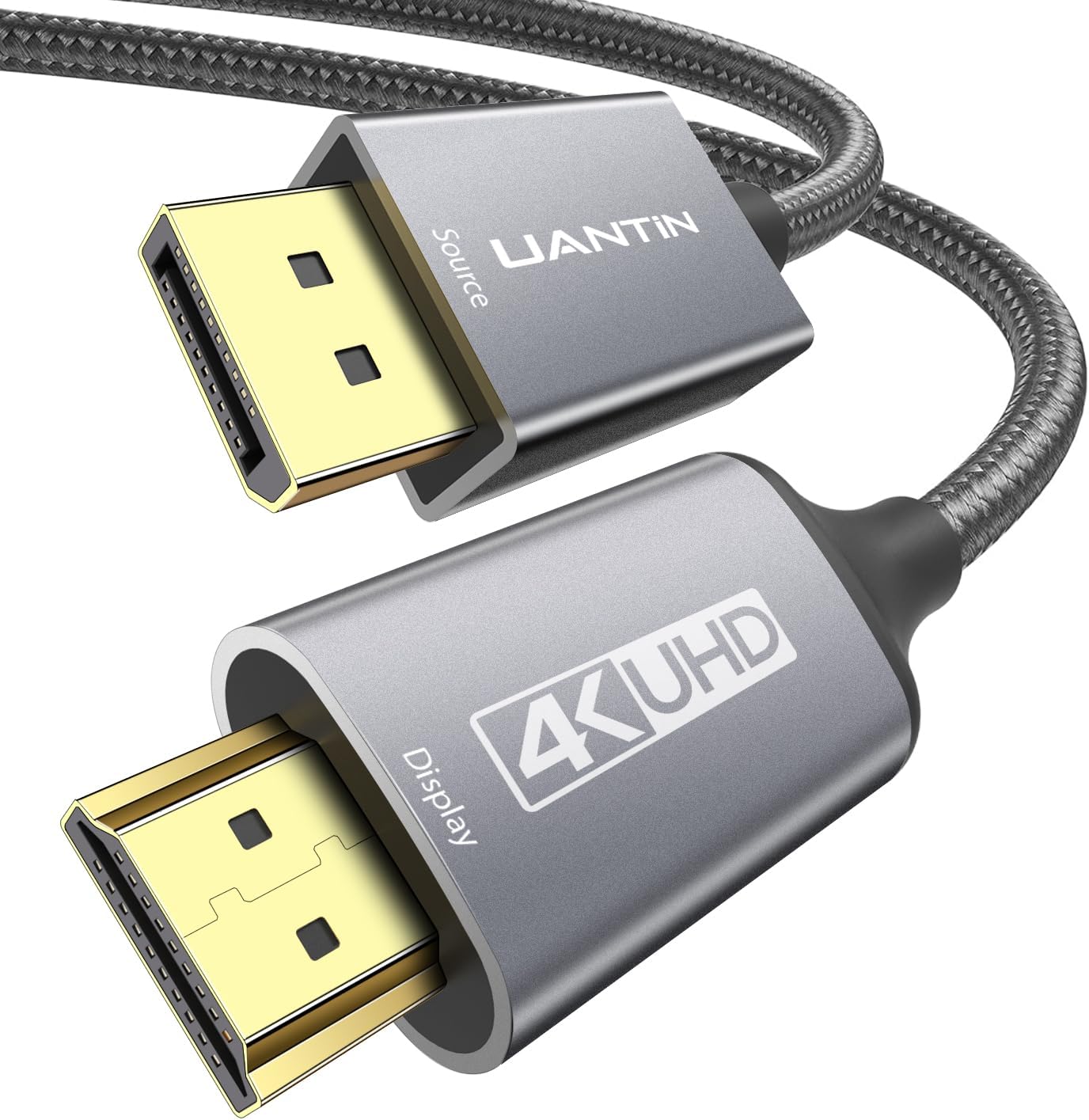 UANTIN 4K DisplayPort to HDMI Cable 6 feet front view showing the gold plated connectors