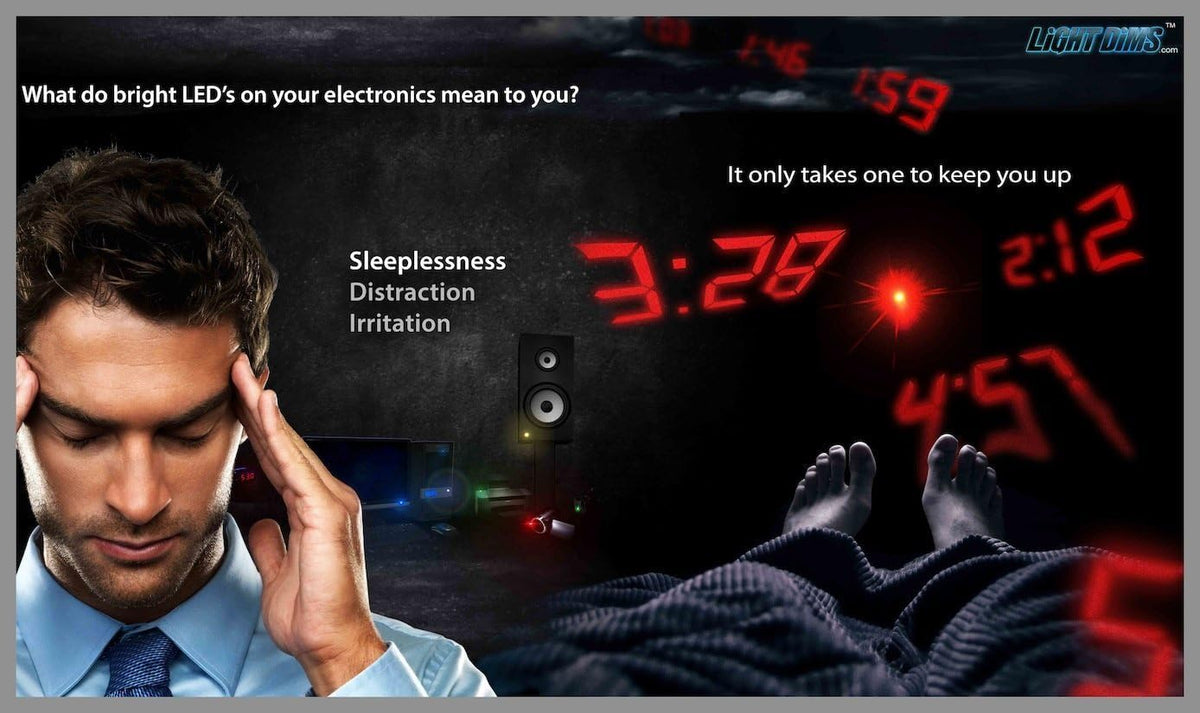 LightDims blackout stickers applied to a digital alarm clock display