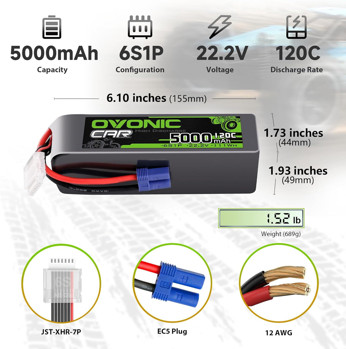 Ovonic 22.2V 5000mAh battery side profile