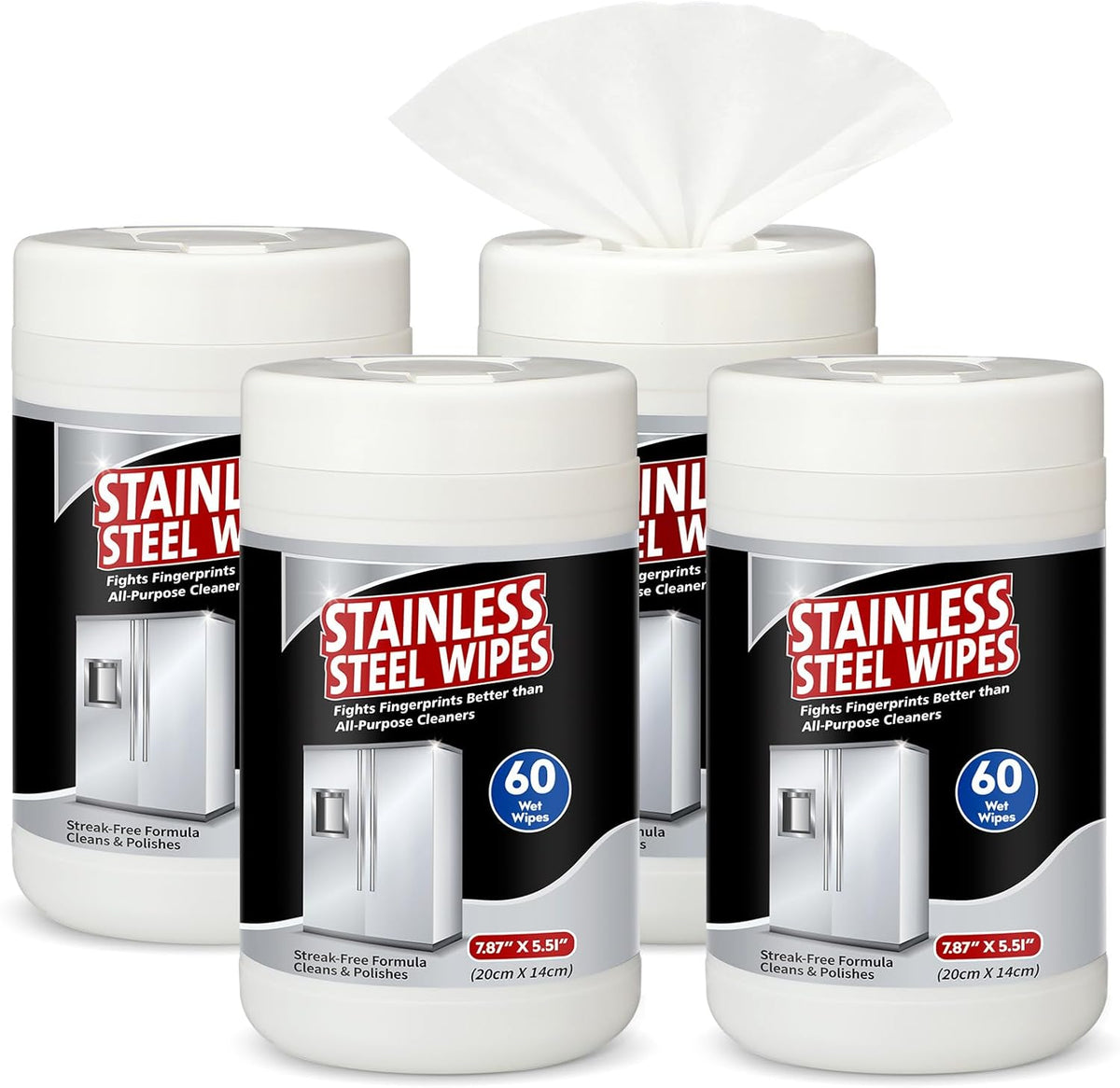 Threlaco stainless steel cleaner wipes 4 pack front view showcasing product canisters