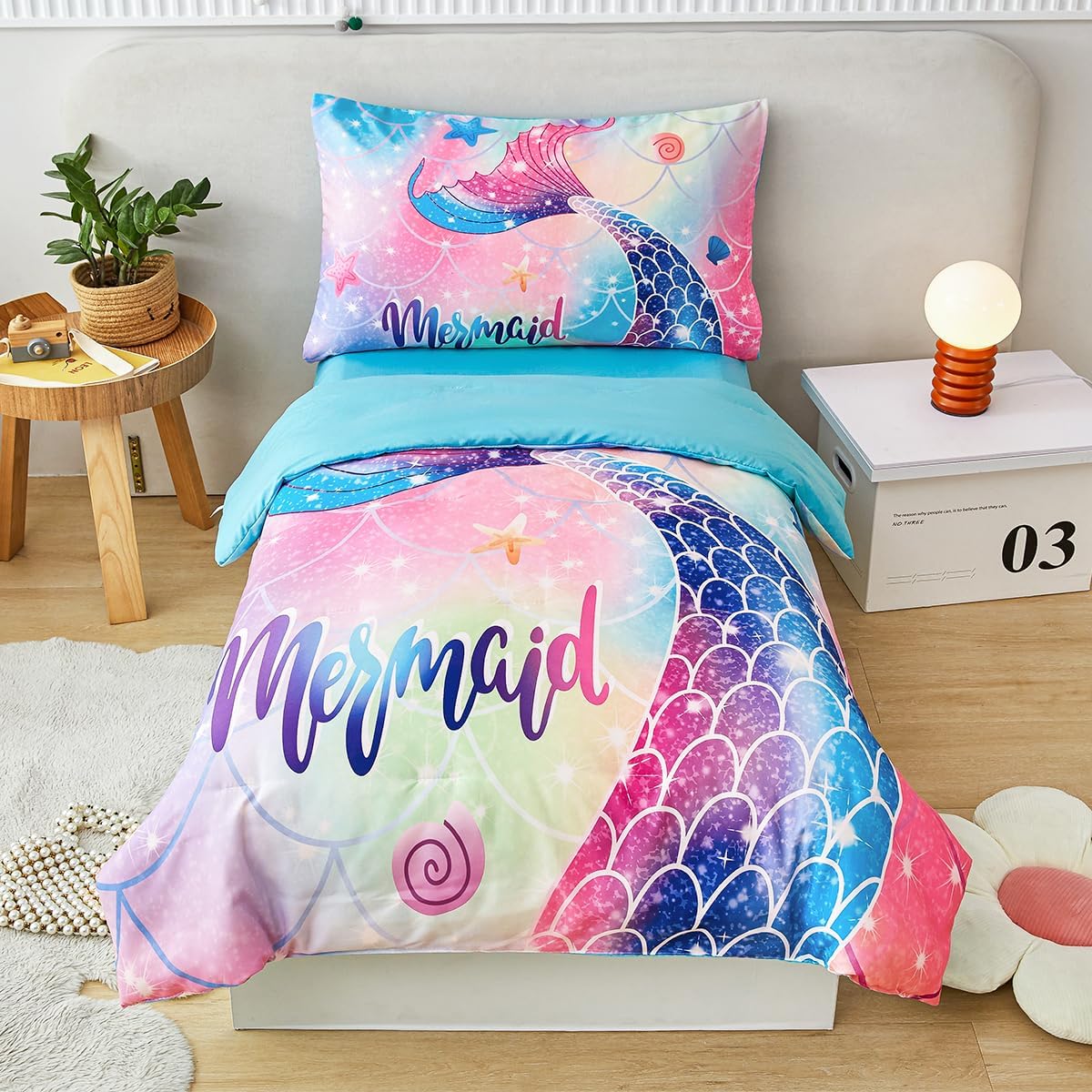ZRNBAST rainbow mermaid toddler bedding set front view showcasing pink and turquoise gradient comforter on a bed