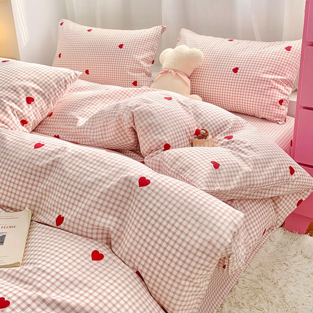 Nayoroom pink gingham duvet cover queen size set laid out flat on a bed showing red heart prints