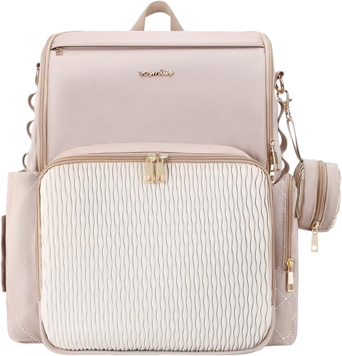 Vosmles stylish baby diaper bag backpack front view in beige color with gold zippers