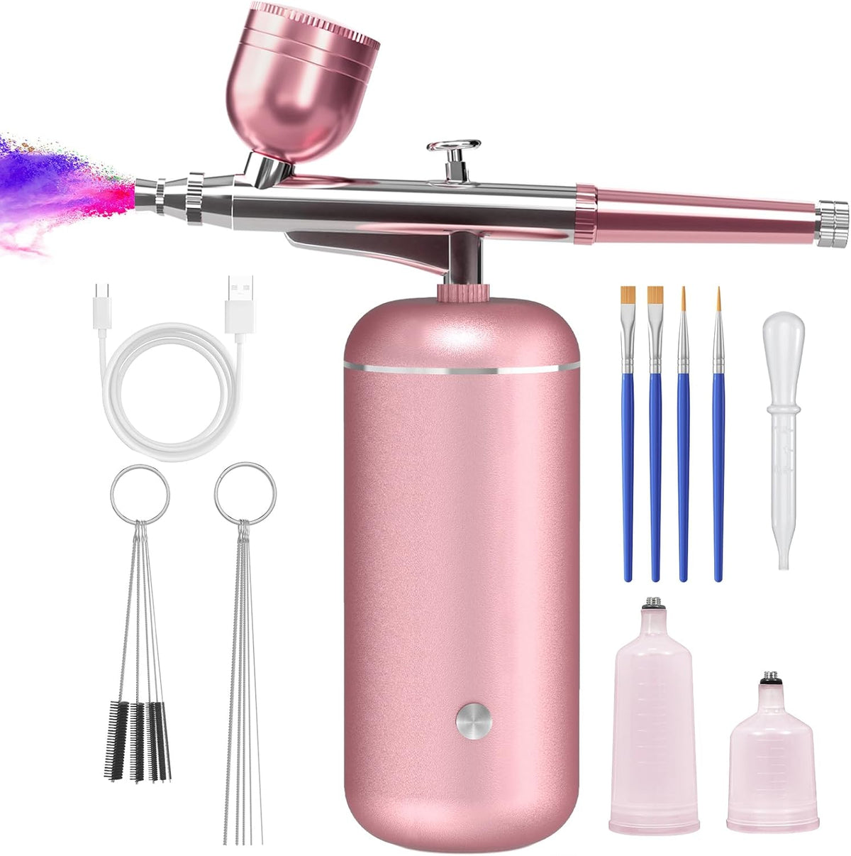 GEDSTMDRK cordless airbrush kit with compressor front view showcasing the sleek pink handheld design and interchangeable fluid cup