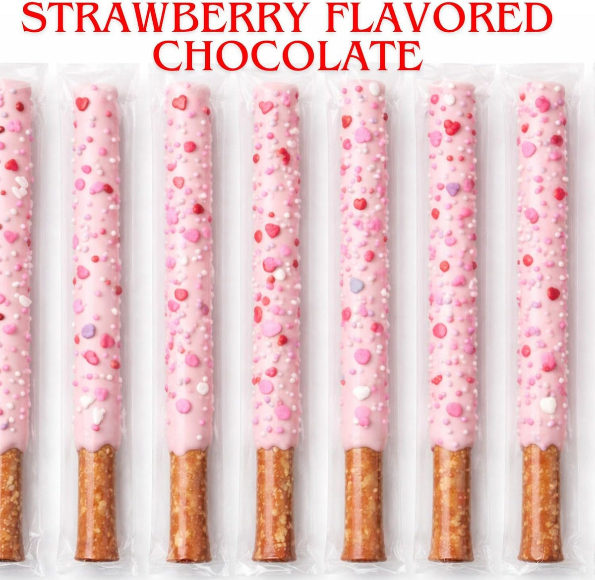 Individually wrapped strawberry chocolate pretzel rods in packaging