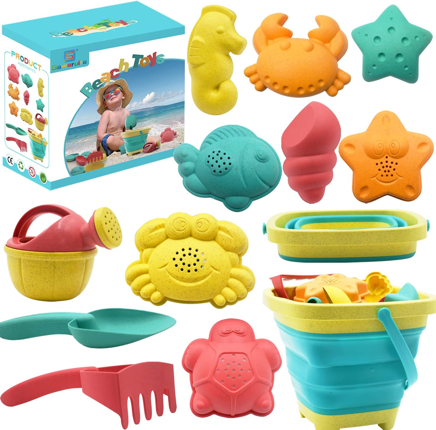 Sawaruita kids beach sand toys set twelve piece front view showcasing collapsible bucket and macaron colored animal molds.