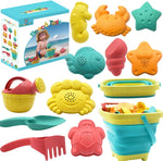 Sawaruita kids beach sand toys set twelve piece front view showcasing collapsible bucket and macaron colored animal molds.