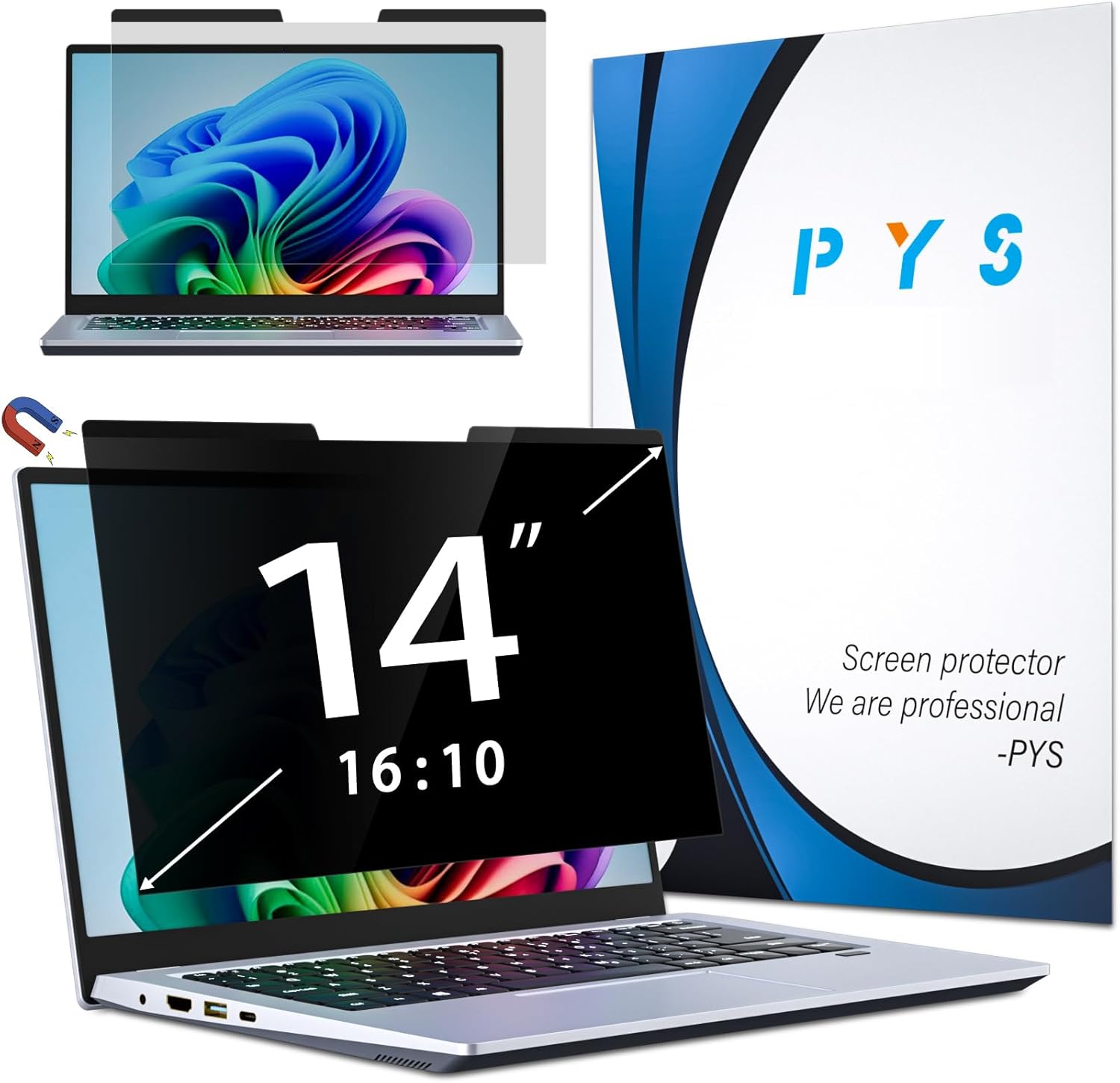 PYS magnetic laptop privacy screen protector front view installed on a 14 inch notebook display panel