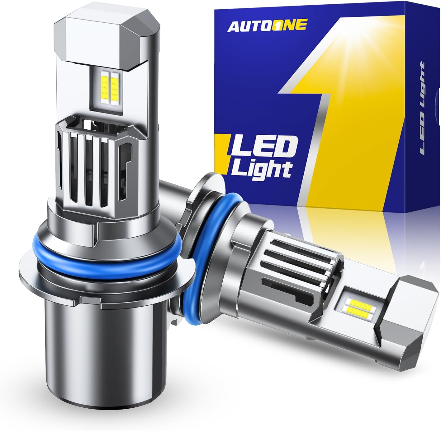 AUTOONE 9007 HB5 LED Light Bulb front view showing premium aviation aluminum housing and advanced CSP chips.
