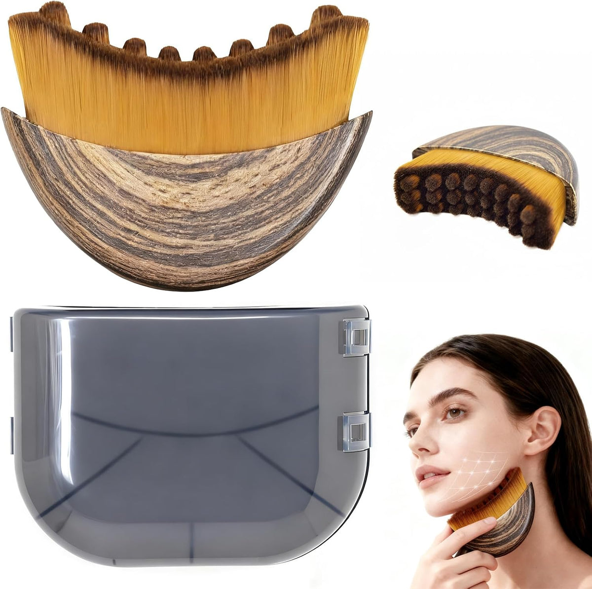 Yqzjjjust Lymphatic Contour Face Brush front view showcasing the curved half-moon bristle design and wooden handle.
