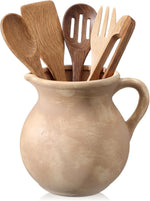 Potchen antique beige rustic kitchen utensil holder front view countertop crock