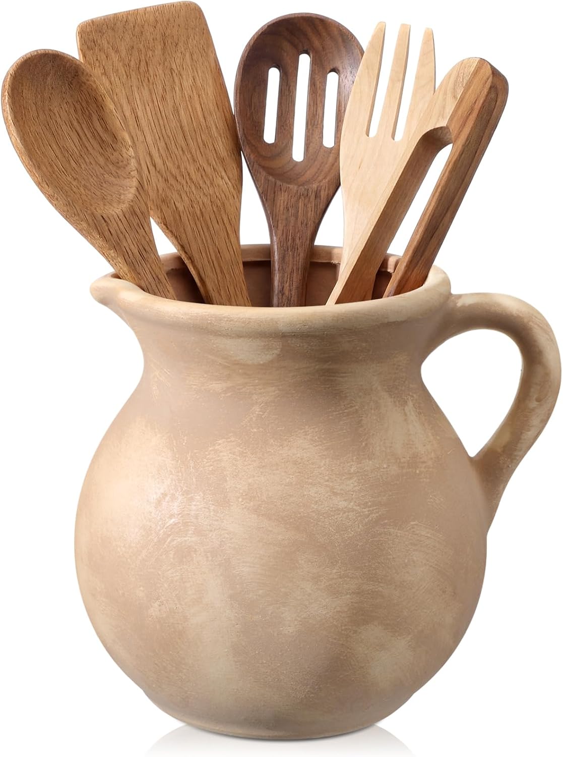 Potchen antique beige rustic kitchen utensil holder front view countertop crock
