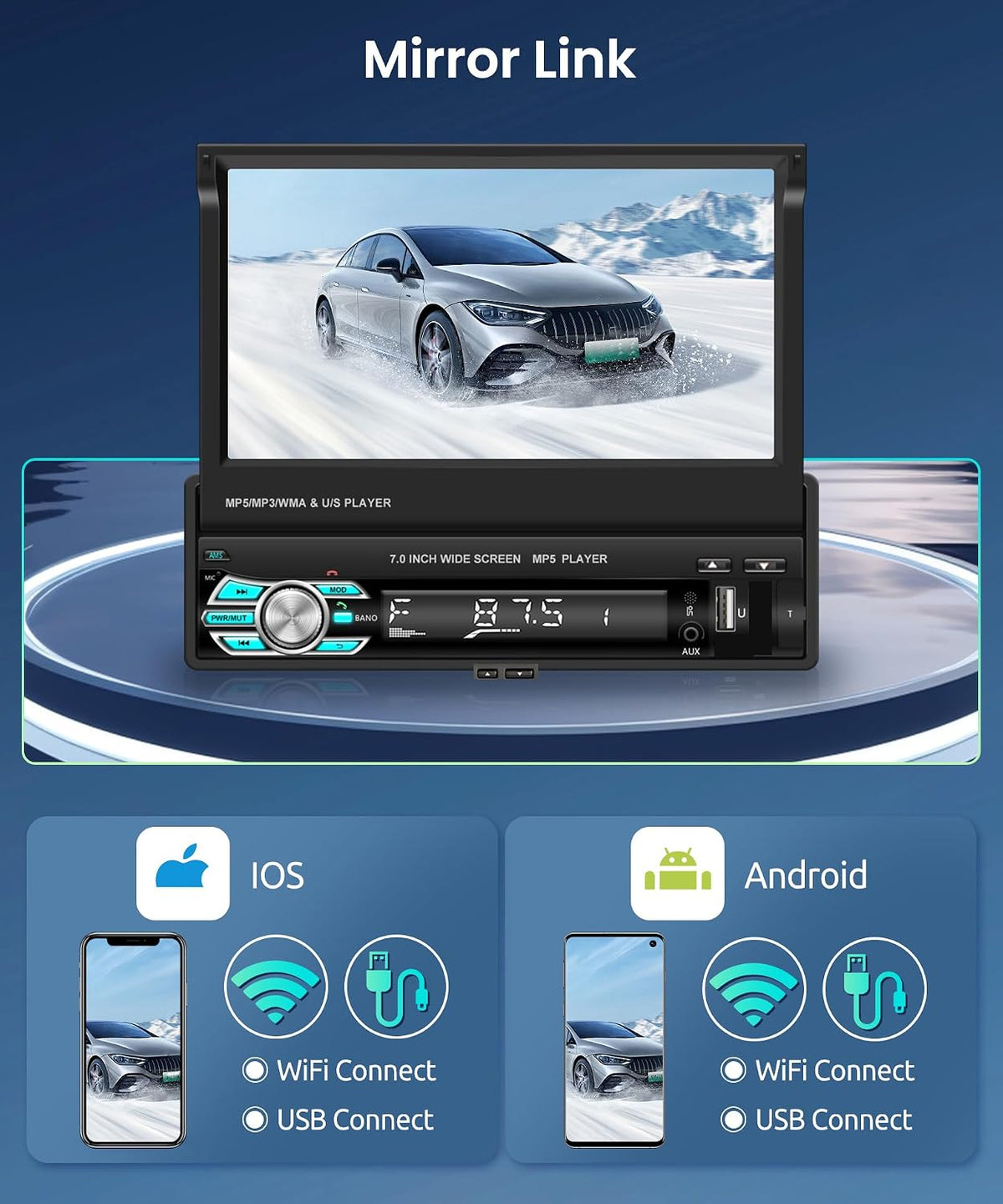 Rimoody single din car radio displaying phone mirror link interface