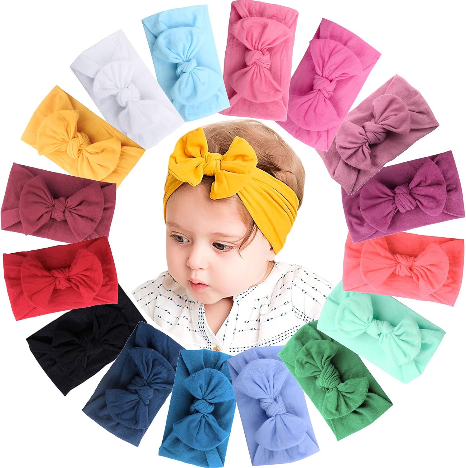 Joyoyo 16 colors soft wide turban baby headbands set front view