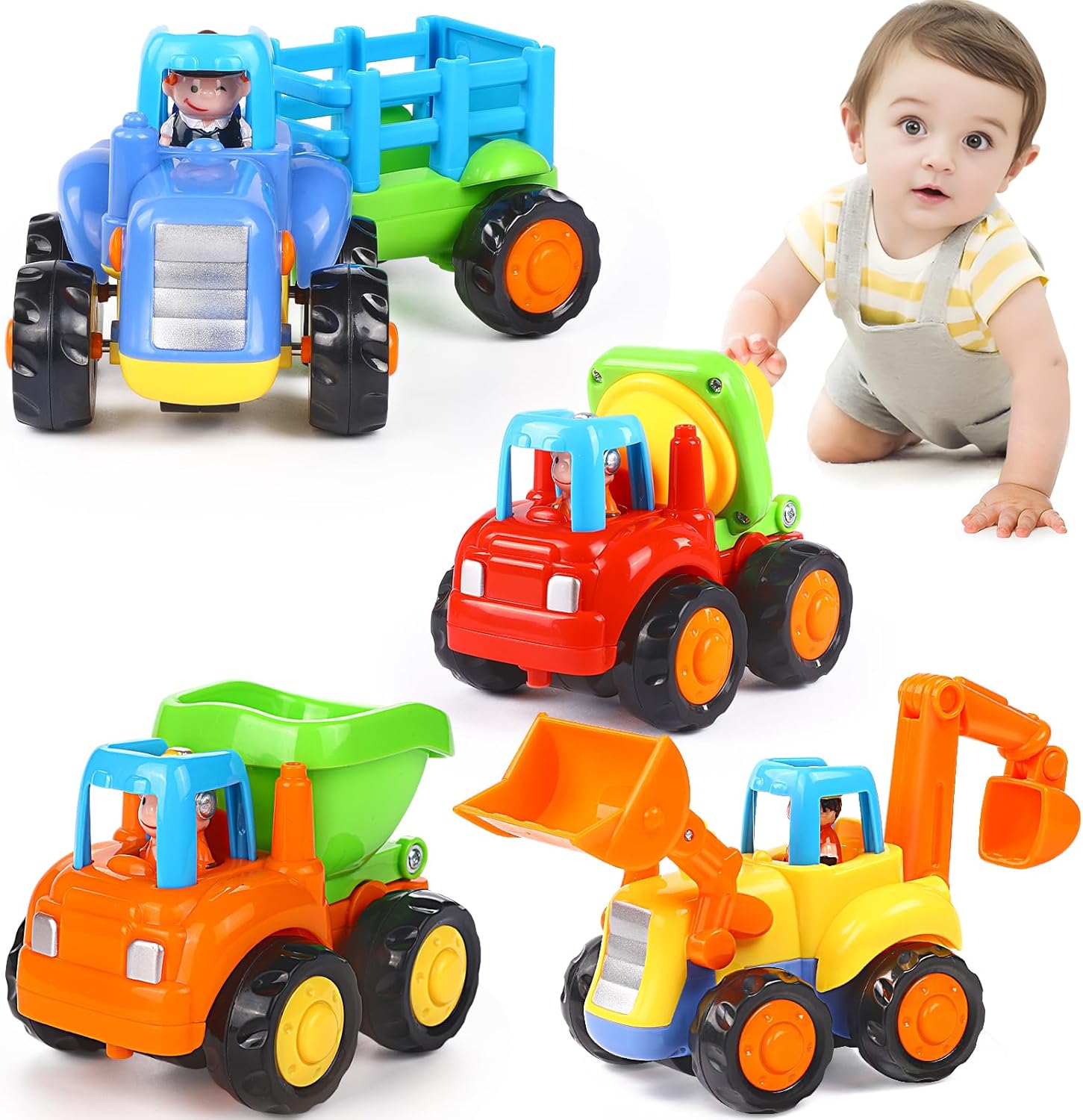 ORWINE toddler friction powered construction vehicles set front view showing four colorful toy trucks