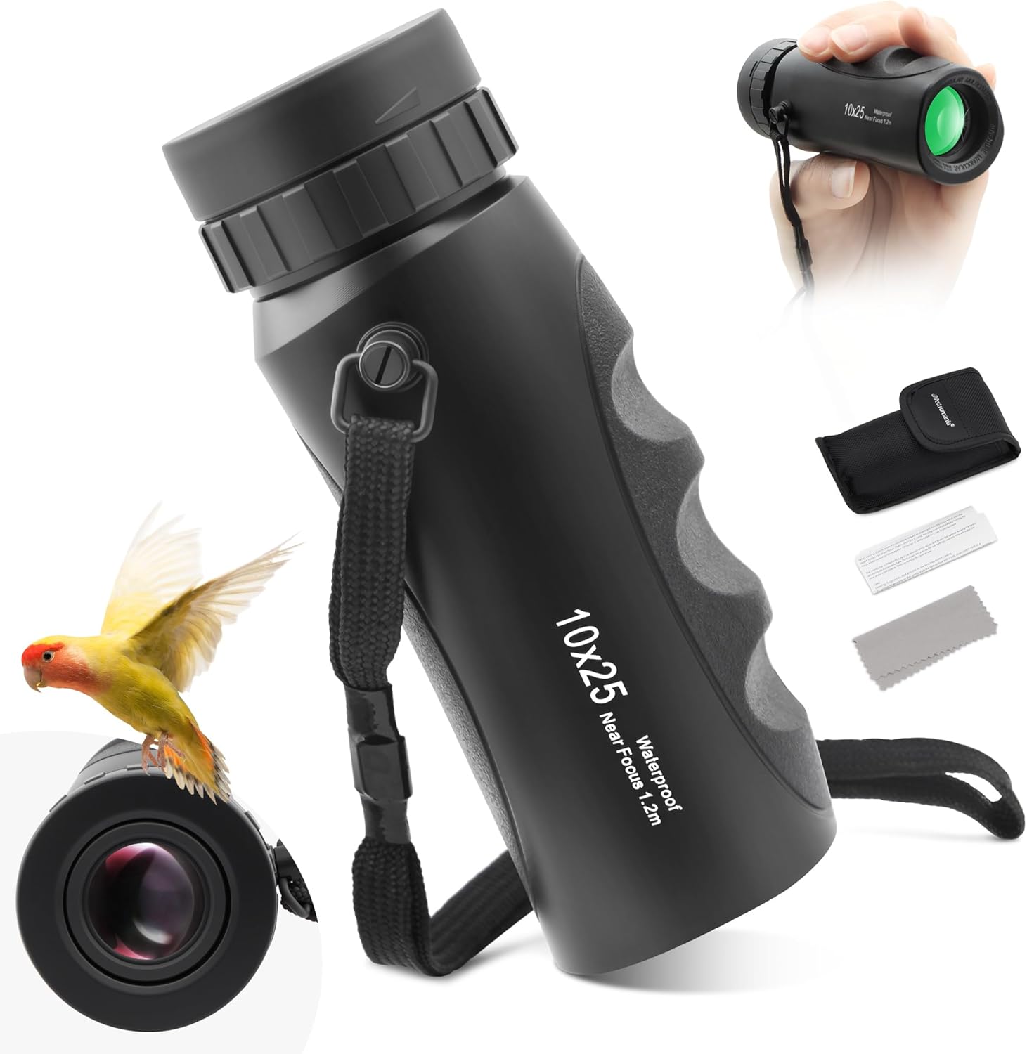 Astromania 10x25 Compact Outdoor Monocular front view showing objective lens and premium black ribbed rubber armor.