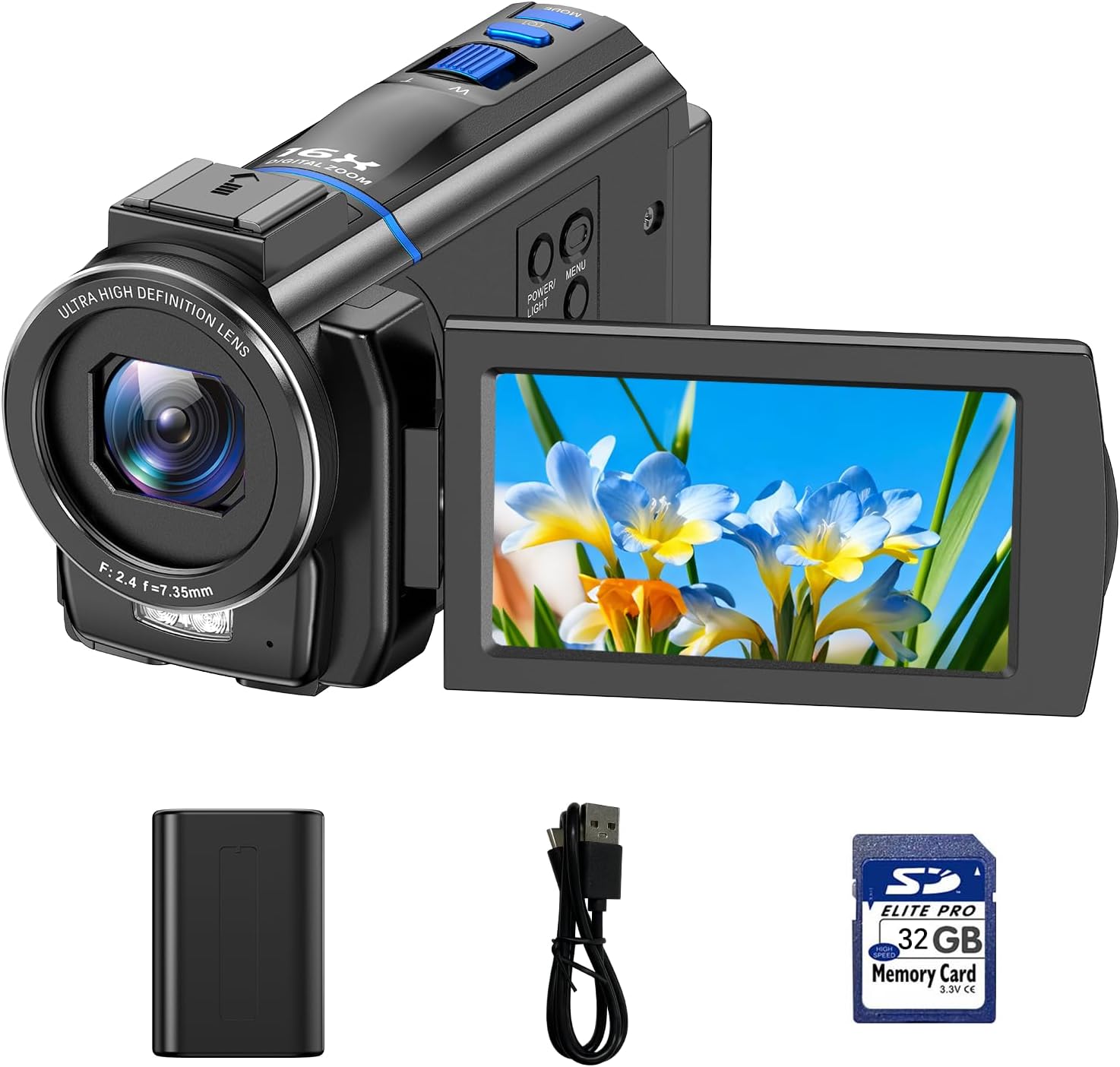 Firefoto 4K 48MP camcorder front view with lens