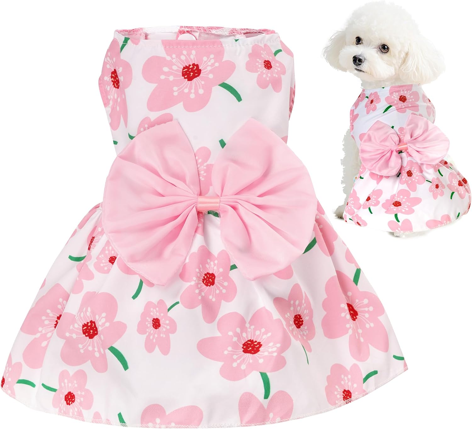 Choyaxo floral dog dress front view featuring the pink cherry blossom pattern and cute bow details.