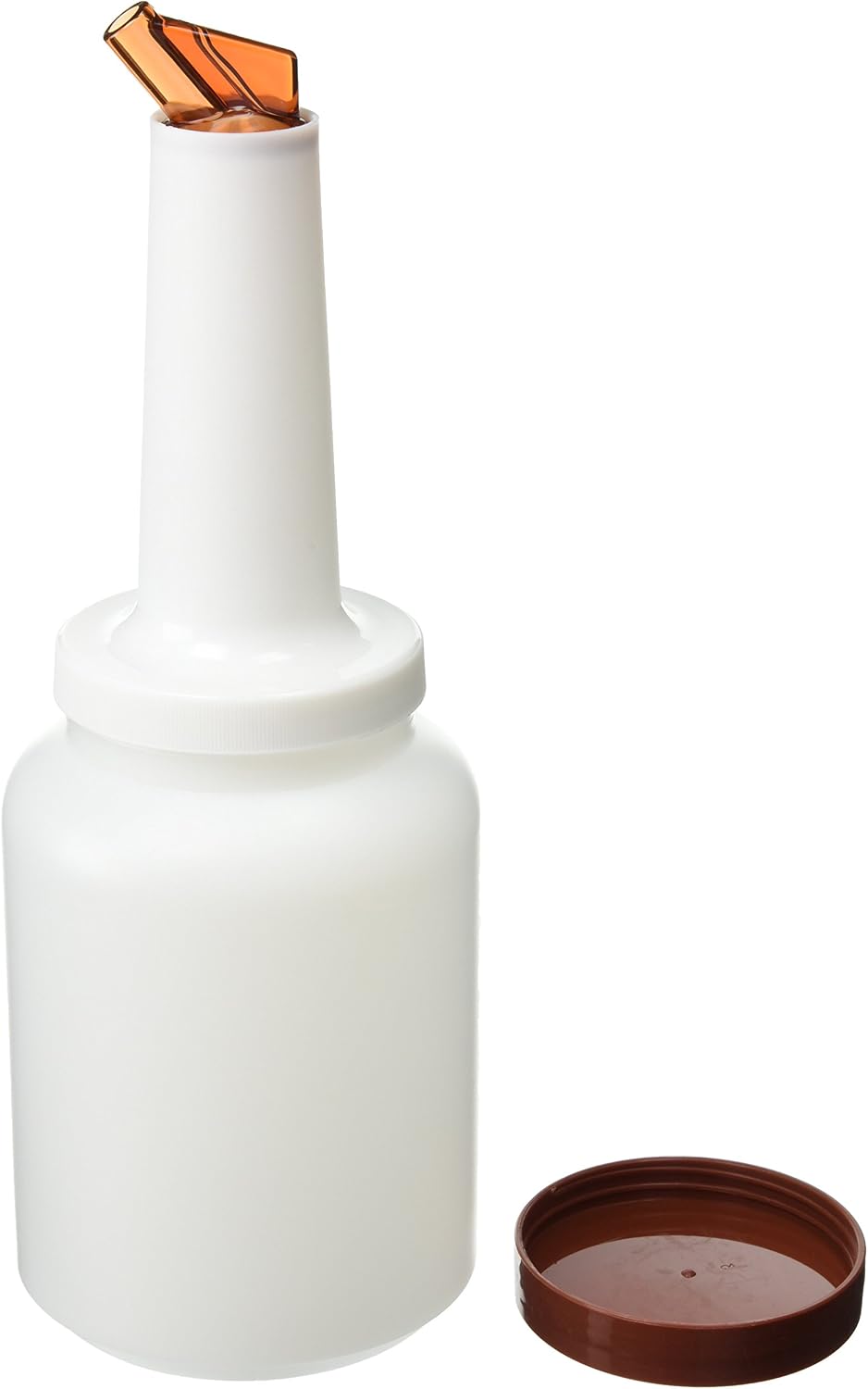 Winco plastic juice and syrup dispenser bottle top angle view