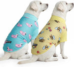 Spark Paws sunblock dog T-shirt front view with bee and flamingo pattern