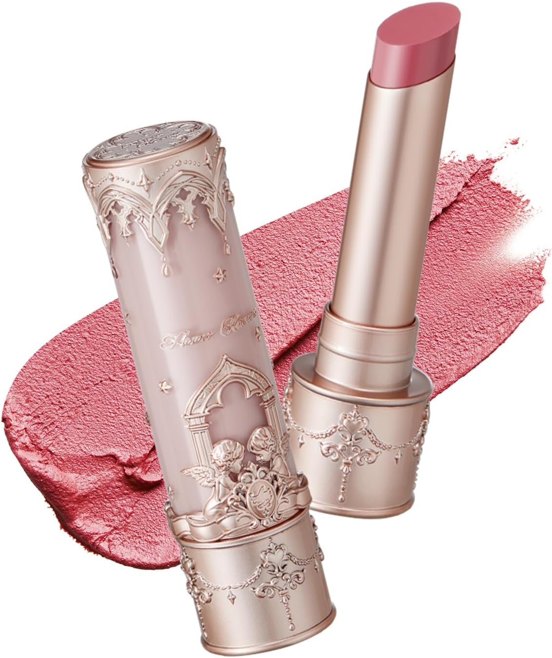 Flower Knows Little Angel Matte Lipstick front view showing detailed embossed cherub baroque case