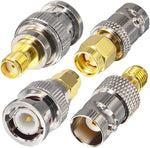 Onelinkmore SMA to BNC RF adapter kit front view showing eight precision gold-plated pieces arranged neatly.