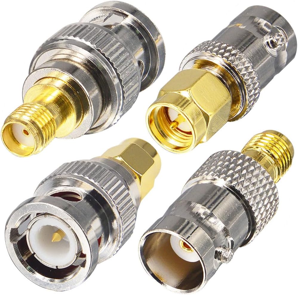 Onelinkmore SMA to BNC RF adapter kit front view showing eight precision gold-plated pieces arranged neatly.