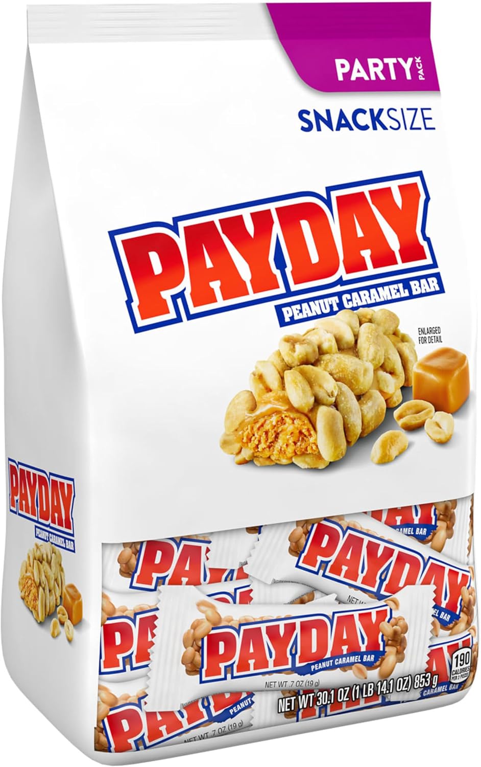 Authentic USA imported PayDay candy party pack back label showing nutrition facts.