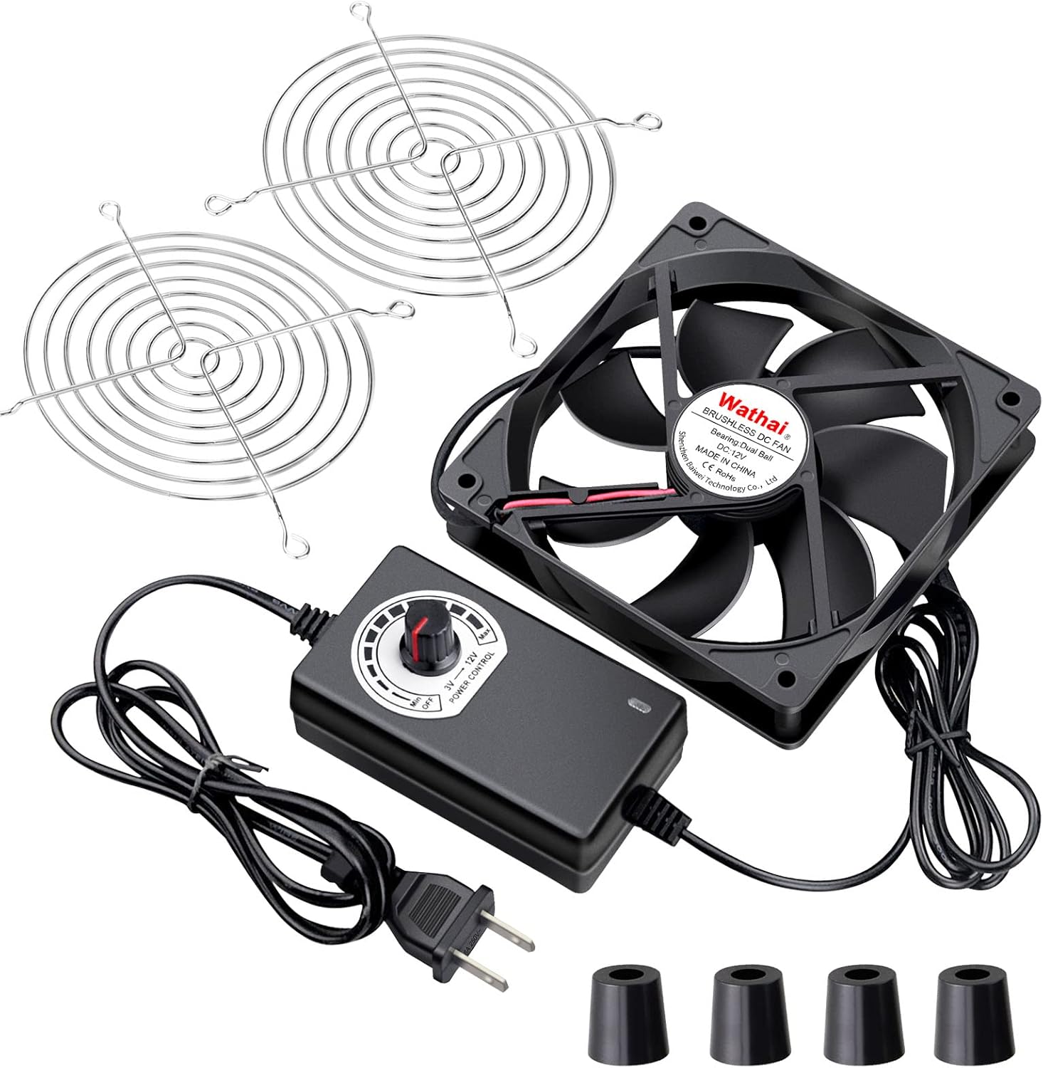 Wathai 120mm AC powered cooling fan kit front view with variable speed controller power adapter