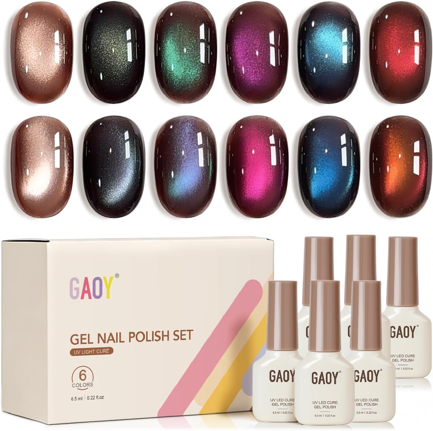 GAOY Brown Chameleon Cat Eye Gel Nail Polish Kit with Magnet, 6 Colors Glitter Holographic Nail Polish Set, UV Cure Gel for DIY Manicure at Home - Image 1