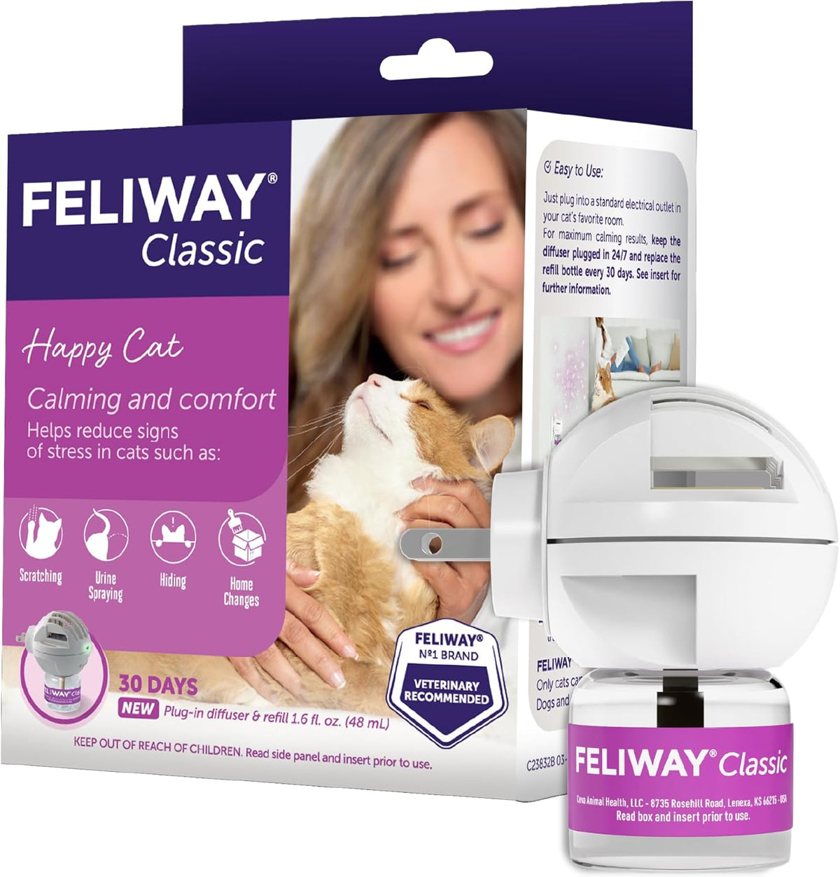 FELIWAY Classic Cat Calming Diffuser Kit front view packaging showing starter device and refill bottle.