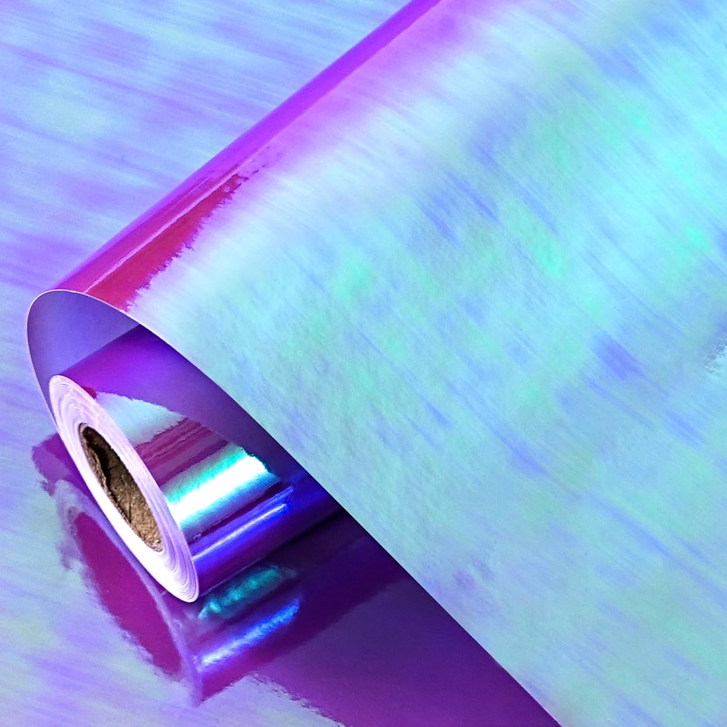 LeZakaa purple wrapping paper roll front view showing holographic iridescent shine