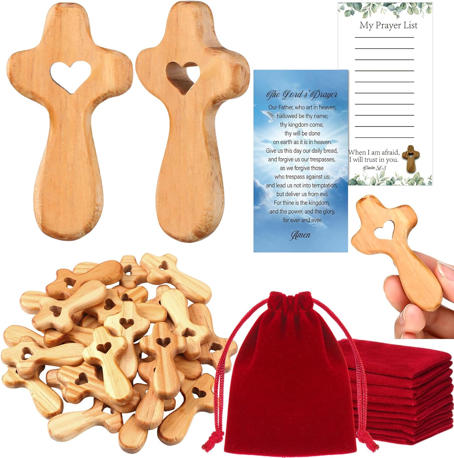 Bucherry olive wood pocket cross set front view with prayer cards and linen bags for christian gifting