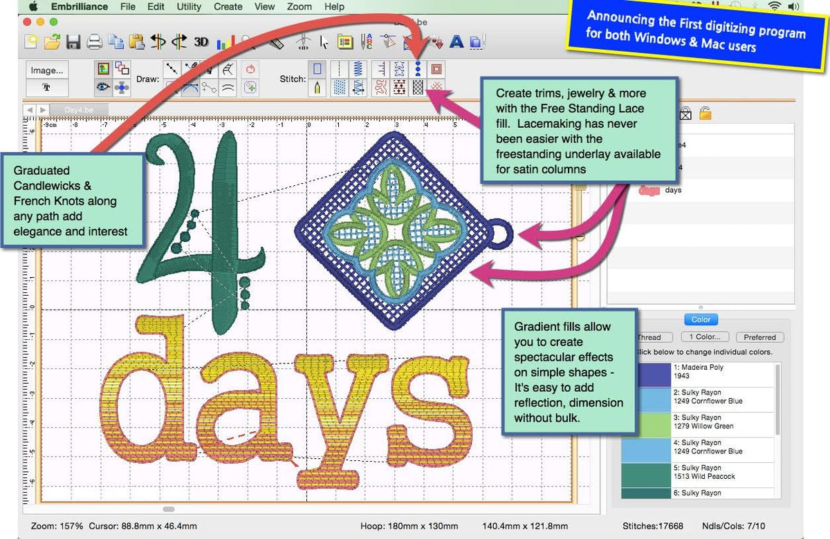 Mac and PC compatible embroidery software interface screen