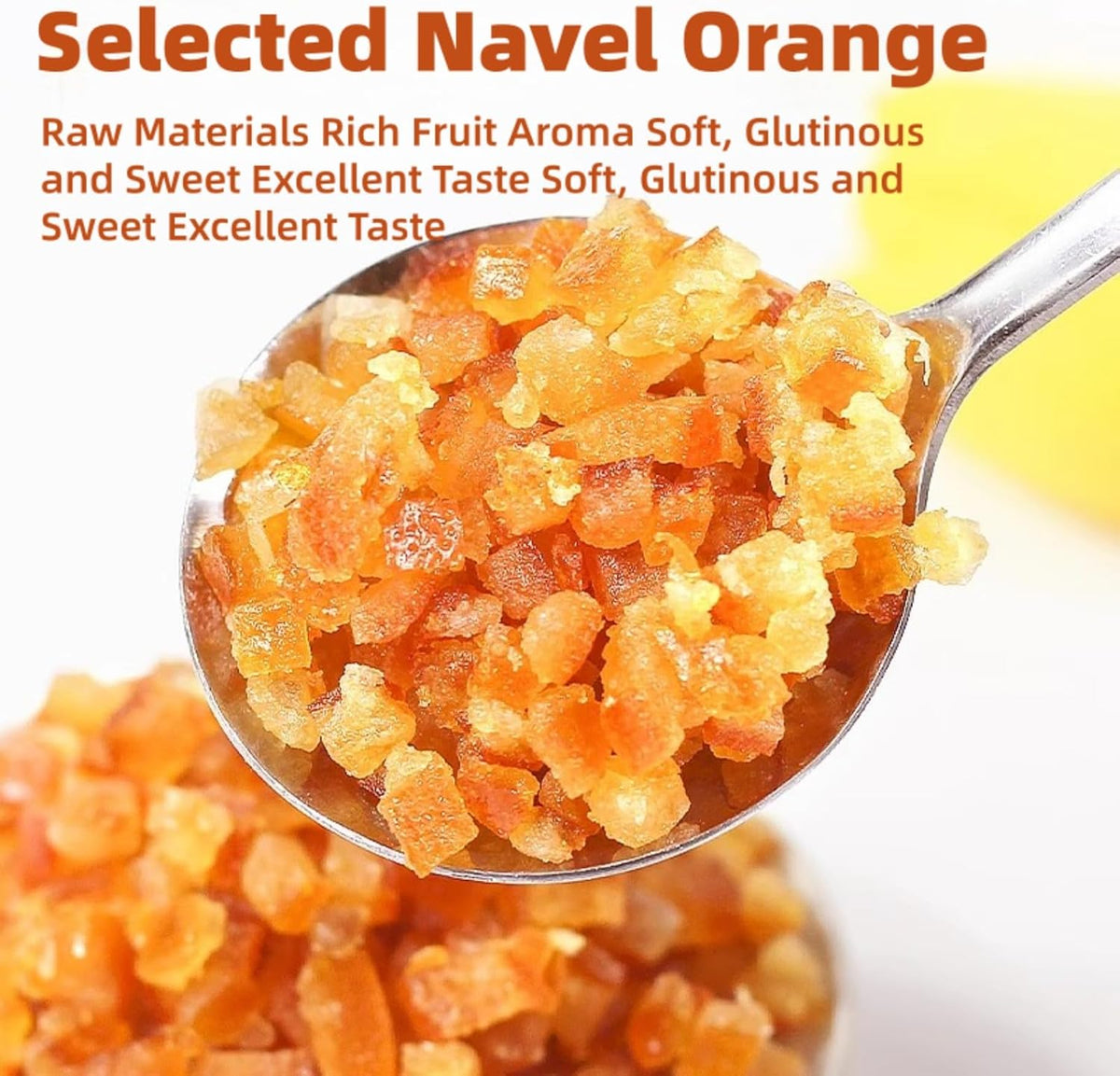 Close up of diced candied orange peel cubes