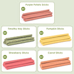 Five assorted flavors of small animal molar sticks including strawberry pumpkin and carrot