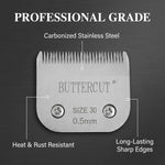 Geib Buttercut professional pet grooming blades neatly arranged showcasing different cut lengths.