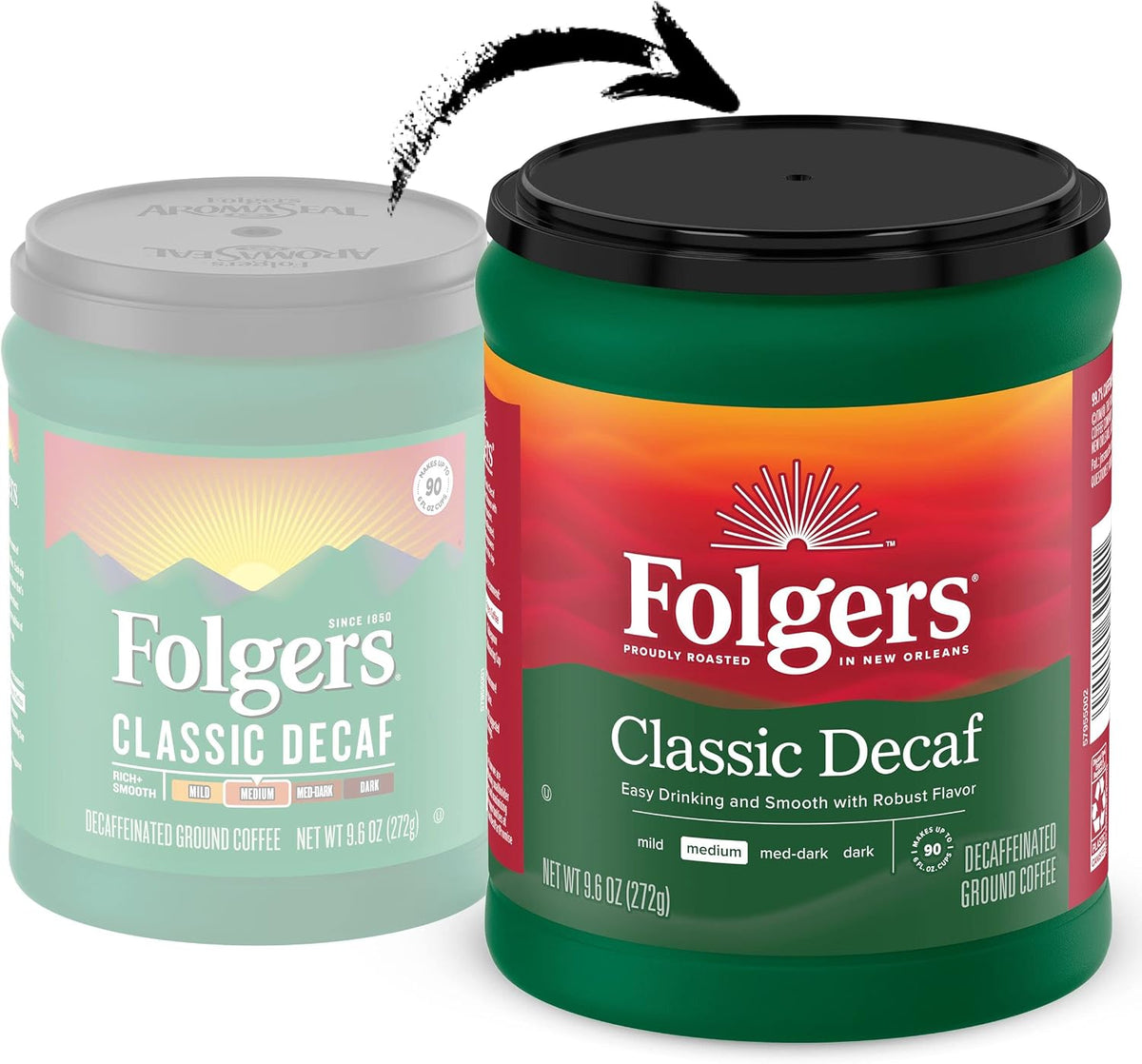 Folgers decaf medium roast coffee can packaging details