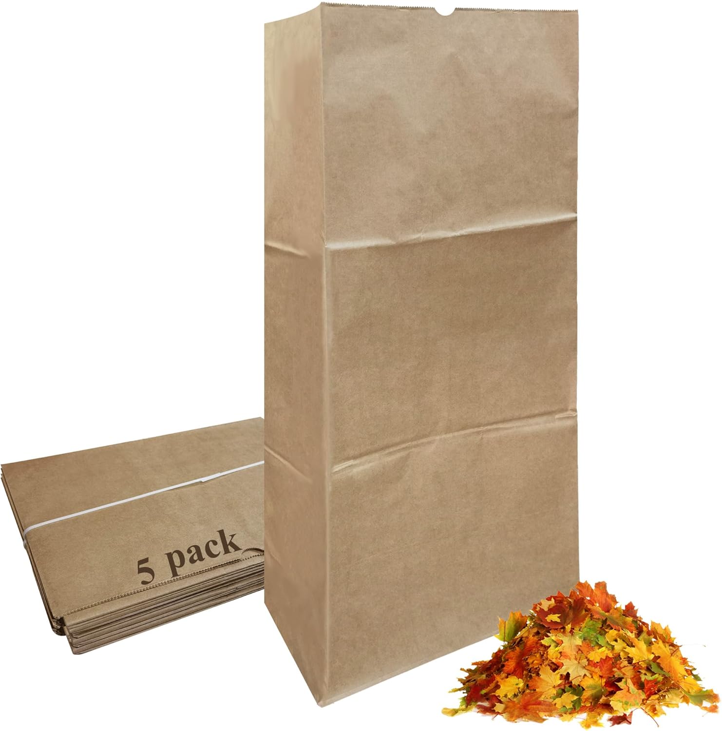 Generic heavy duty brown paper lawn and leaf bags front view standing upright on a garden lawn.