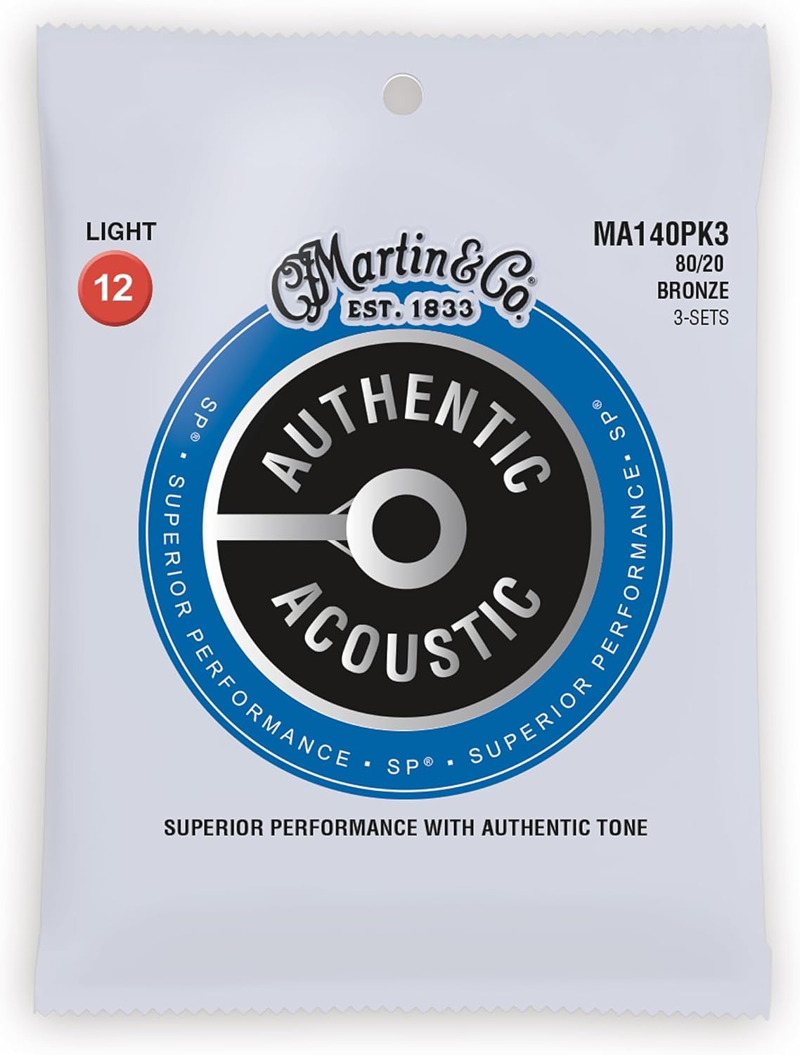 Martin acoustic guitar strings set showing 80/20 bronze wound texture