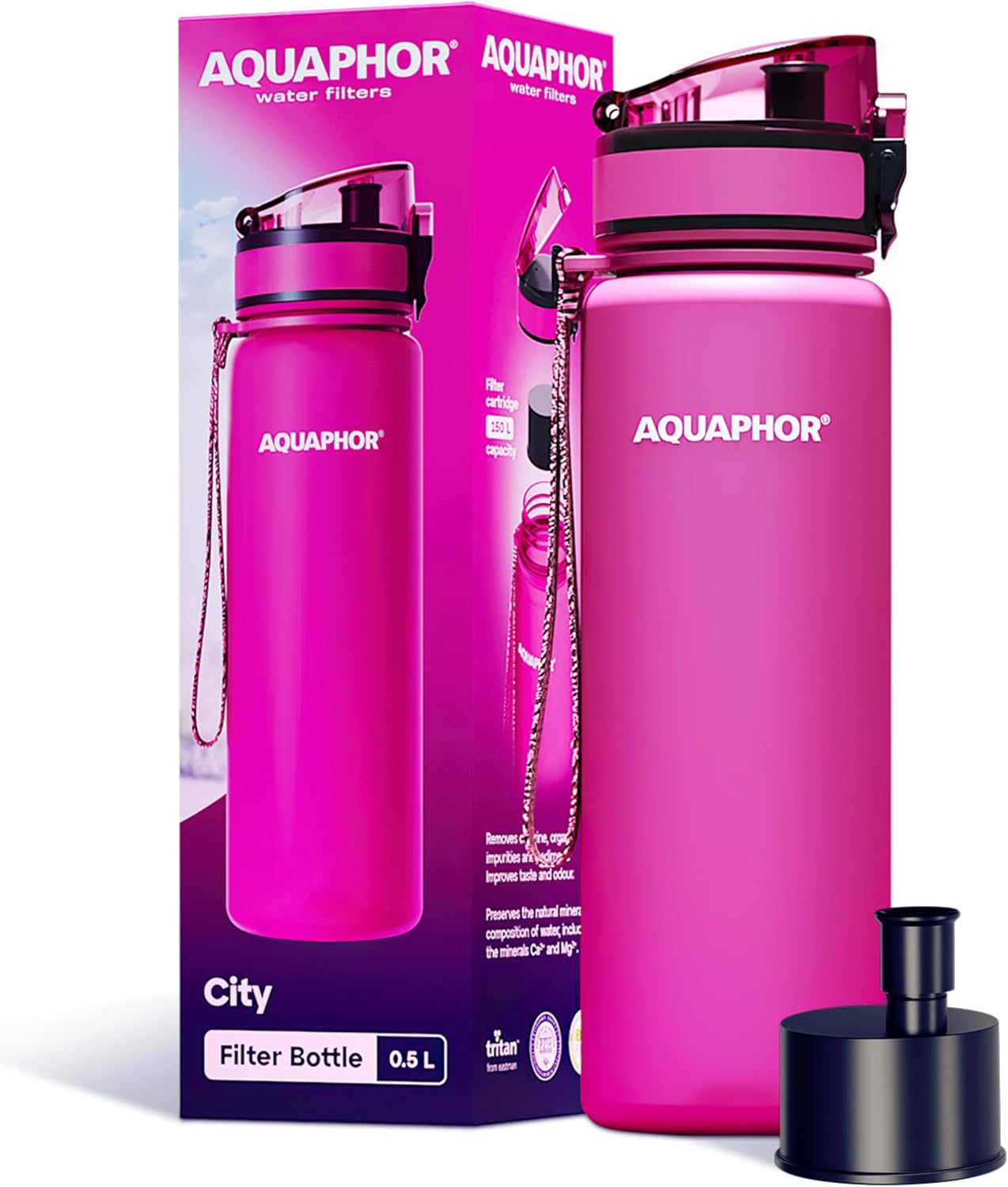 Aquaphor city water filter bottle front view pink portable design