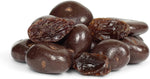 Close up view of dark chocolate coated California raisins
